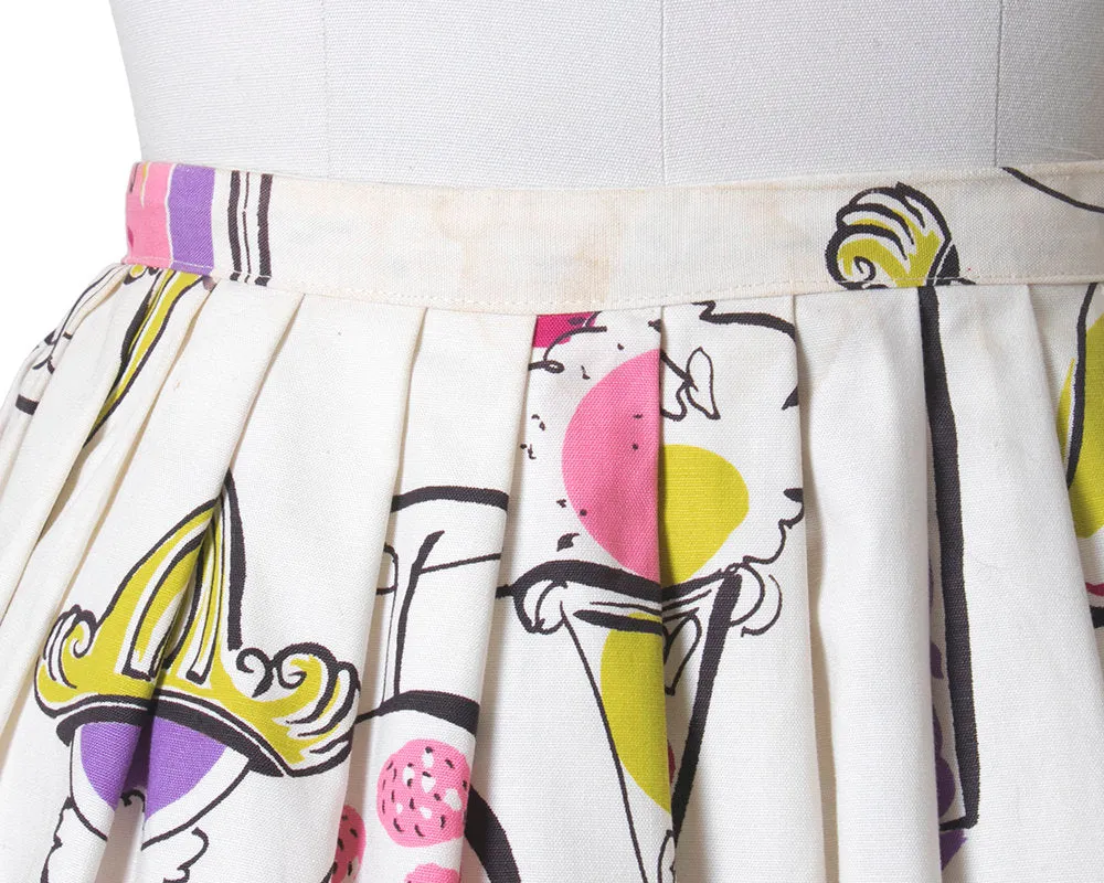 1950s Dessert Novelty Print Beaded Cotton Pleated Skirt | medium