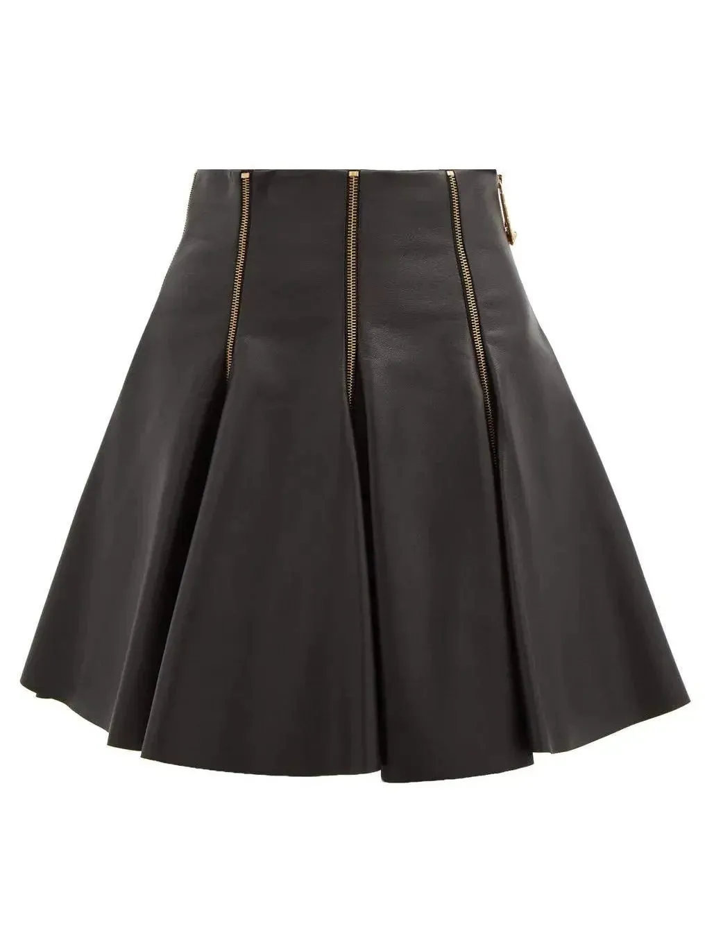 Black Zip-Embellished Pleated Leather Mini Skirt