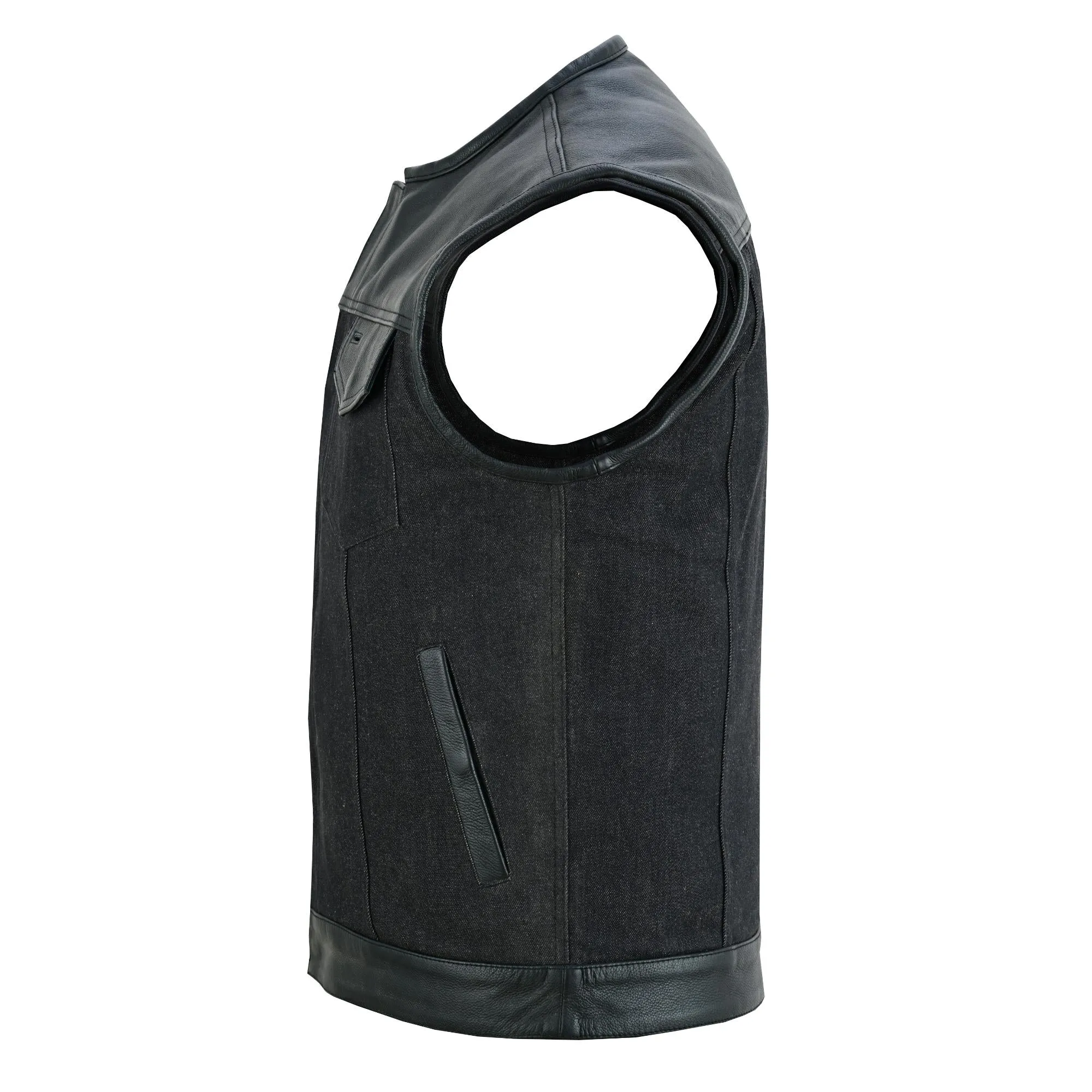 DM Men's Leather-Denim Combo Motorcycle  Vest - No Collar