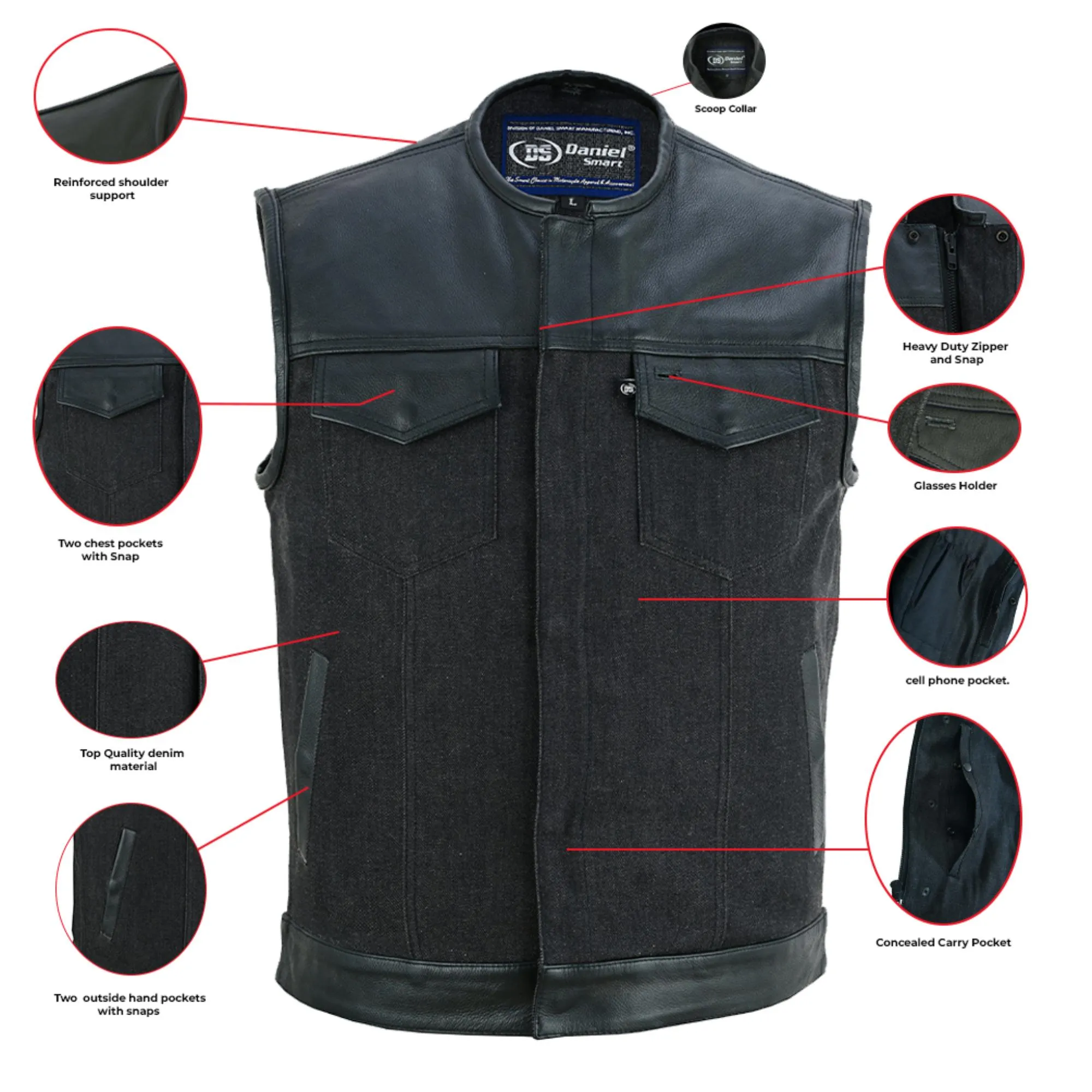 DM Men's Leather-Denim Combo Motorcycle  Vest - No Collar