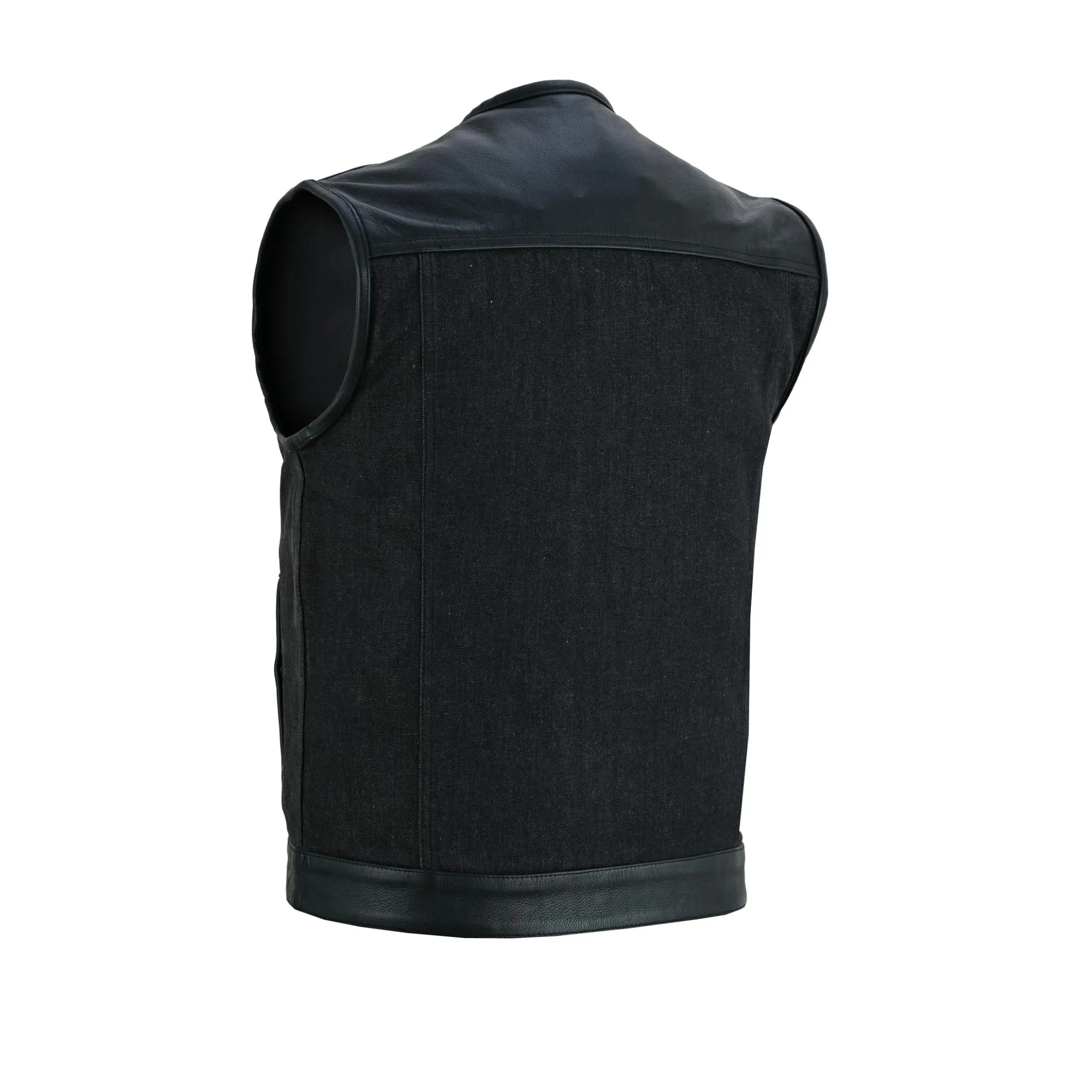 DM Men's Leather-Denim Combo Motorcycle  Vest - No Collar