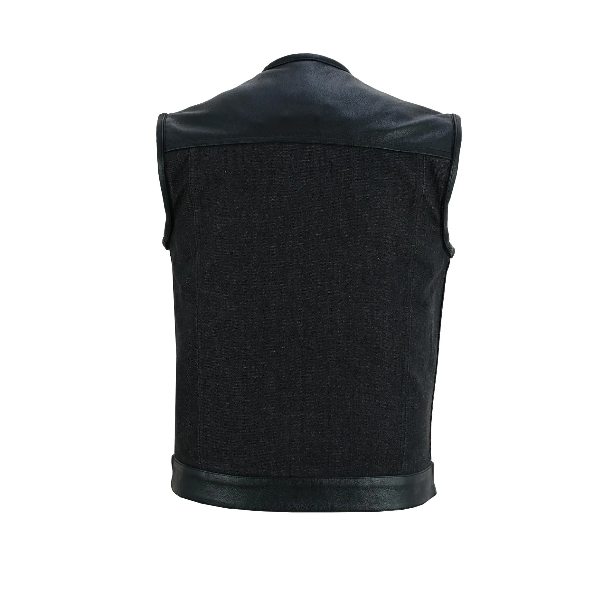 DM Men's Leather-Denim Combo Motorcycle  Vest - No Collar