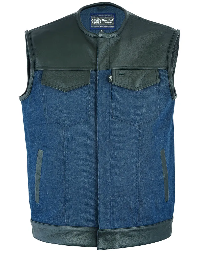 DM Men's Leather/Denim Combo Vest (Black/Broken Blue)