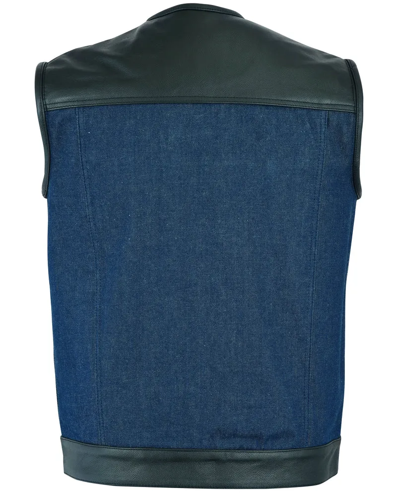 DM Men's Leather/Denim Combo Vest (Black/Broken Blue)