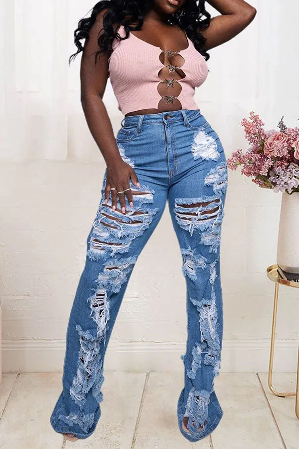 hulianfu Blue On-trend Ripped Flared Jeans