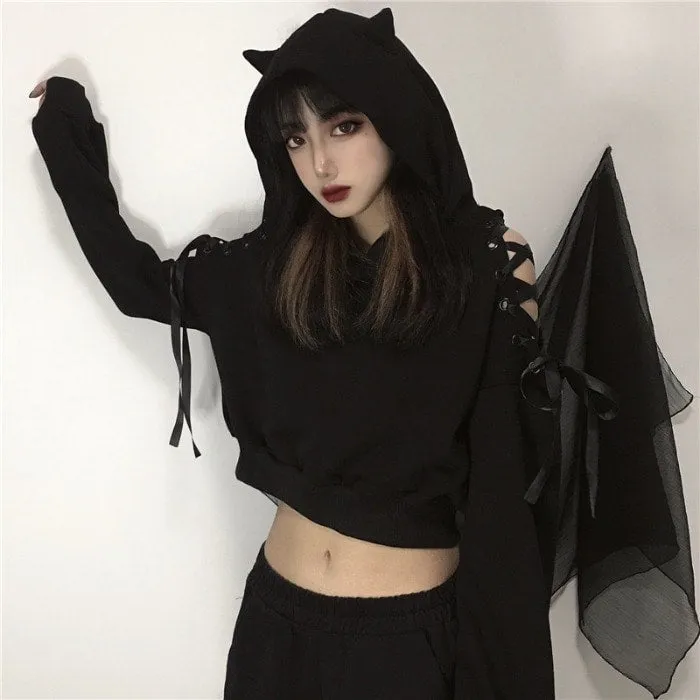 Kawaii Cat Ear Off Shoulder Crop Top Hoodie