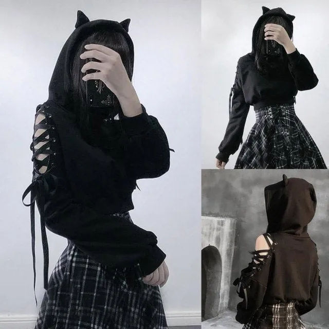 Kawaii Cat Ear Off Shoulder Crop Top Hoodie