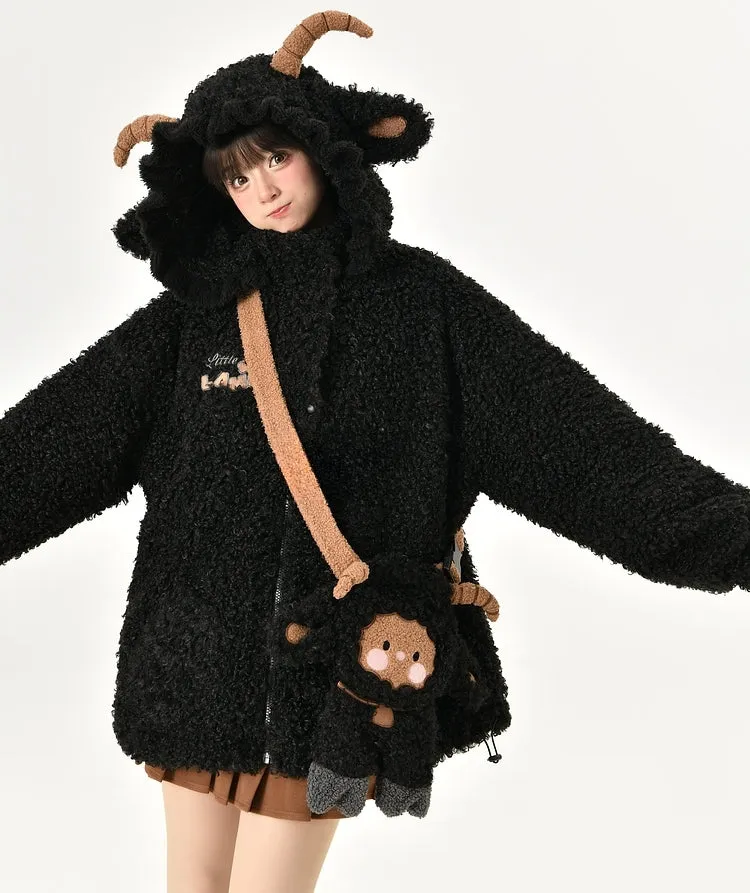 Kawaii Cute Black Three-Dimensional Lamb Hooded Thick Coat