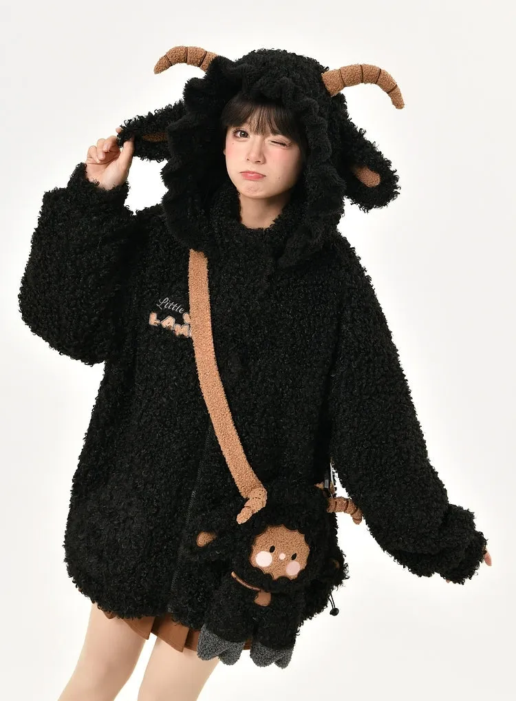 Kawaii Cute Black Three-Dimensional Lamb Hooded Thick Coat