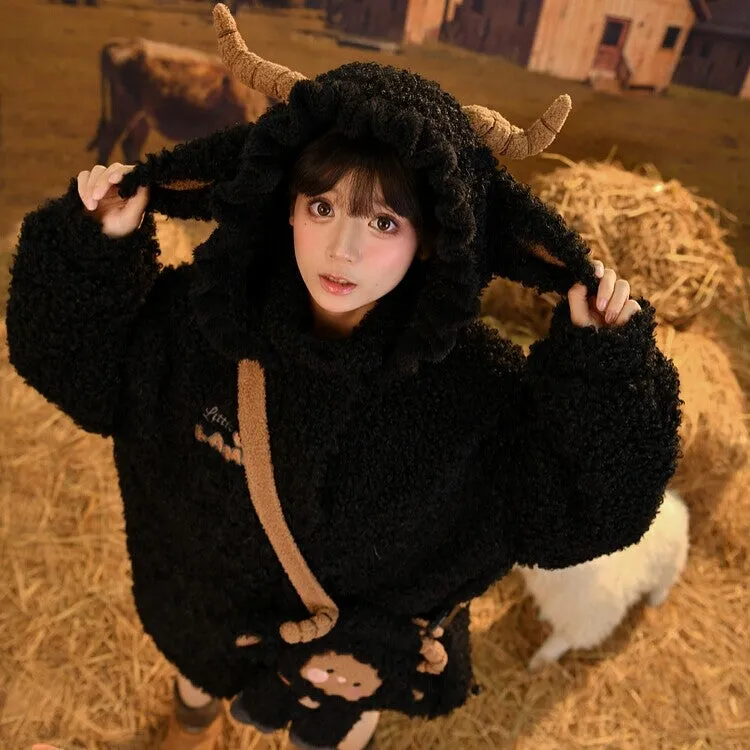 Kawaii Cute Black Three-Dimensional Lamb Hooded Thick Coat