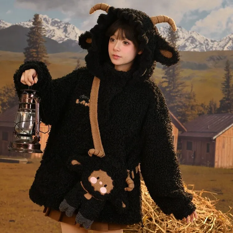 Kawaii Cute Black Three-Dimensional Lamb Hooded Thick Coat
