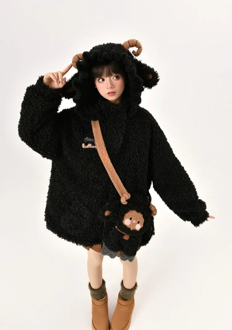 Kawaii Cute Black Three-Dimensional Lamb Hooded Thick Coat