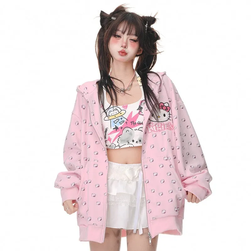 Kawaii Sweet Girl Style Hello Kitty Printed Hooded Coat
