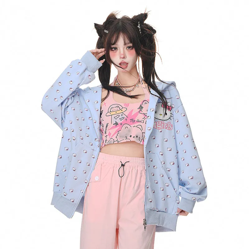 Kawaii Sweet Girl Style Hello Kitty Printed Hooded Coat