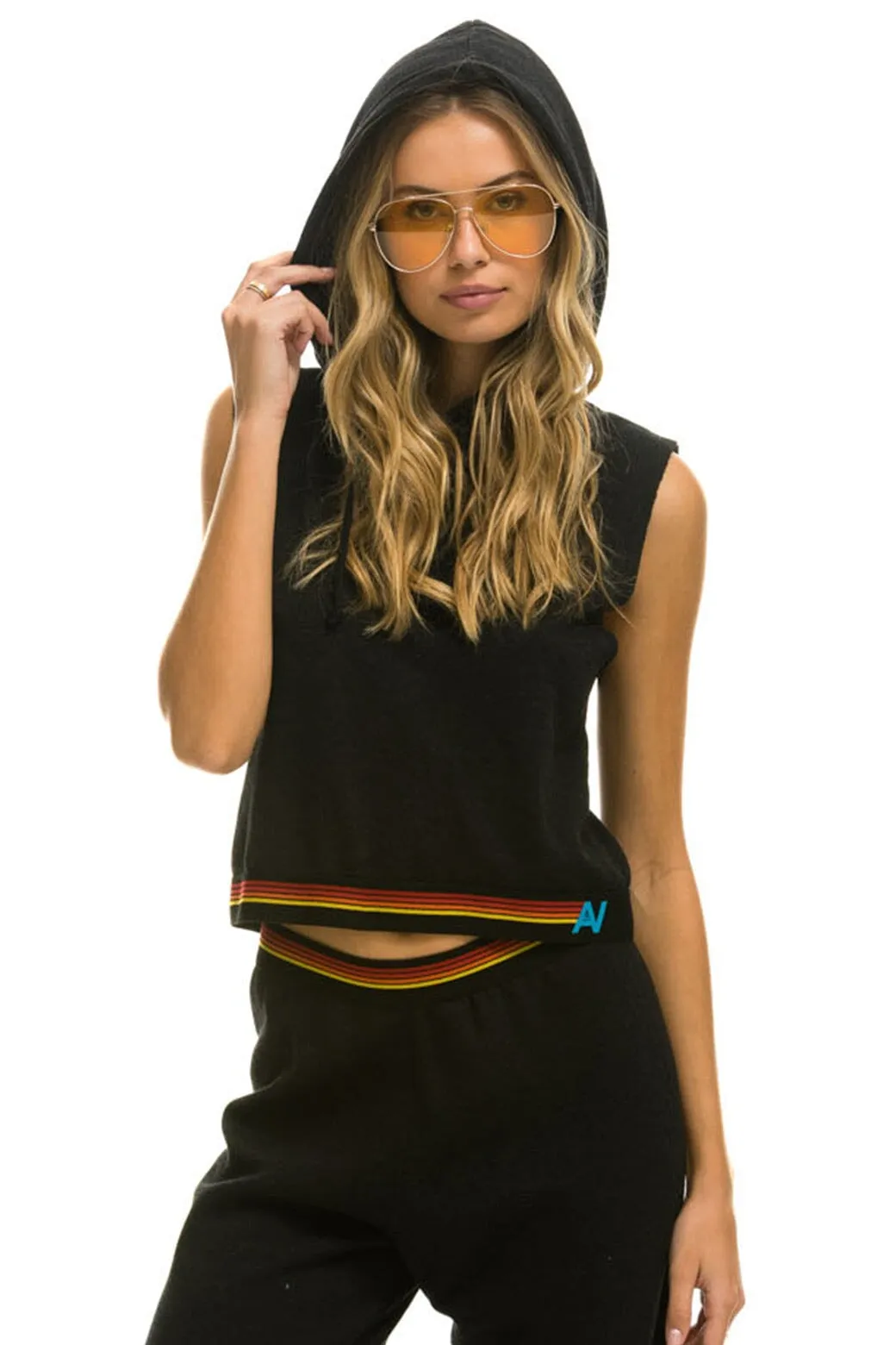 LOGO STRIPE SLEEVELESS CROP PULLOVER HOODIE - BLACK