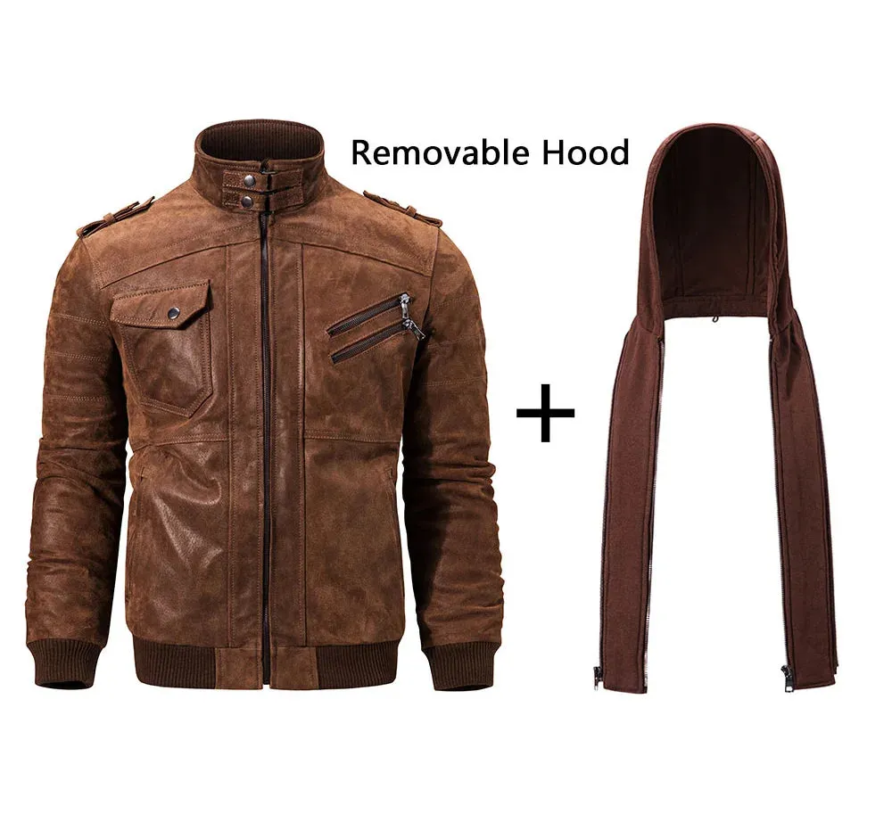 Men's Real Leather Jacket Men Motorcycle Removable Hood winter coat Men Warm Genuine Leather Jackets