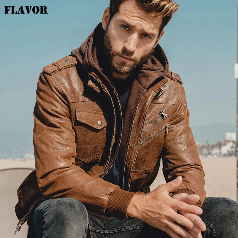 Men's Real Leather Jacket Men Motorcycle Removable Hood winter coat Men Warm Genuine Leather Jackets