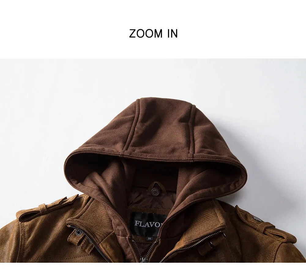 Men's Real Leather Jacket Men Motorcycle Removable Hood winter coat Men Warm Genuine Leather Jackets