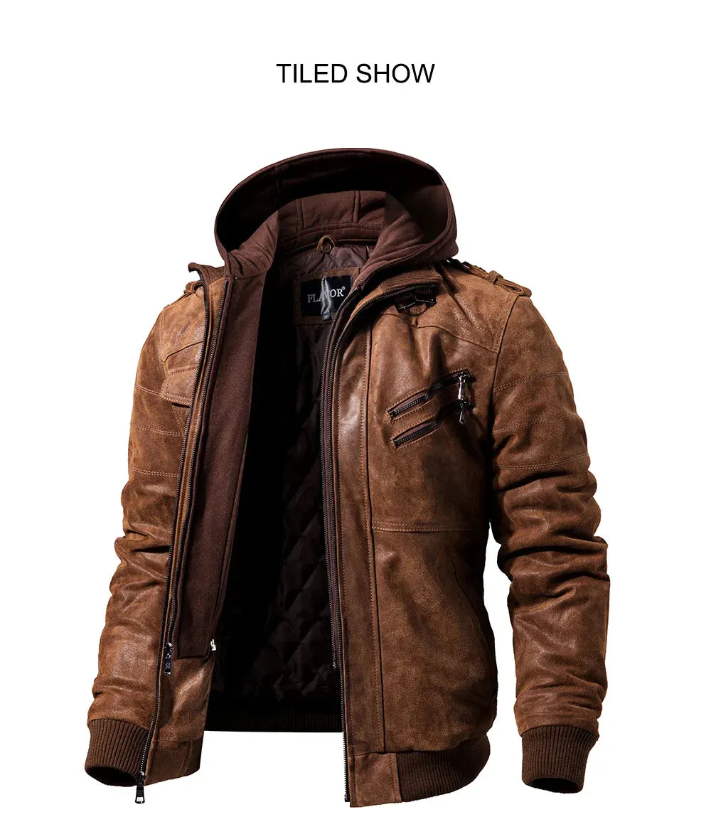 Men's Real Leather Jacket Men Motorcycle Removable Hood winter coat Men Warm Genuine Leather Jackets
