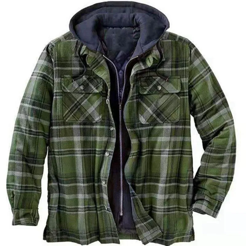 Men's Thick Cotton Plaid Long Sleeve Loose Hooded Jacket 12646708L