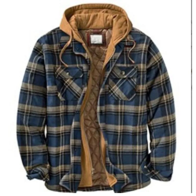 Men's Thick Cotton Plaid Long Sleeve Loose Hooded Jacket 12646708L