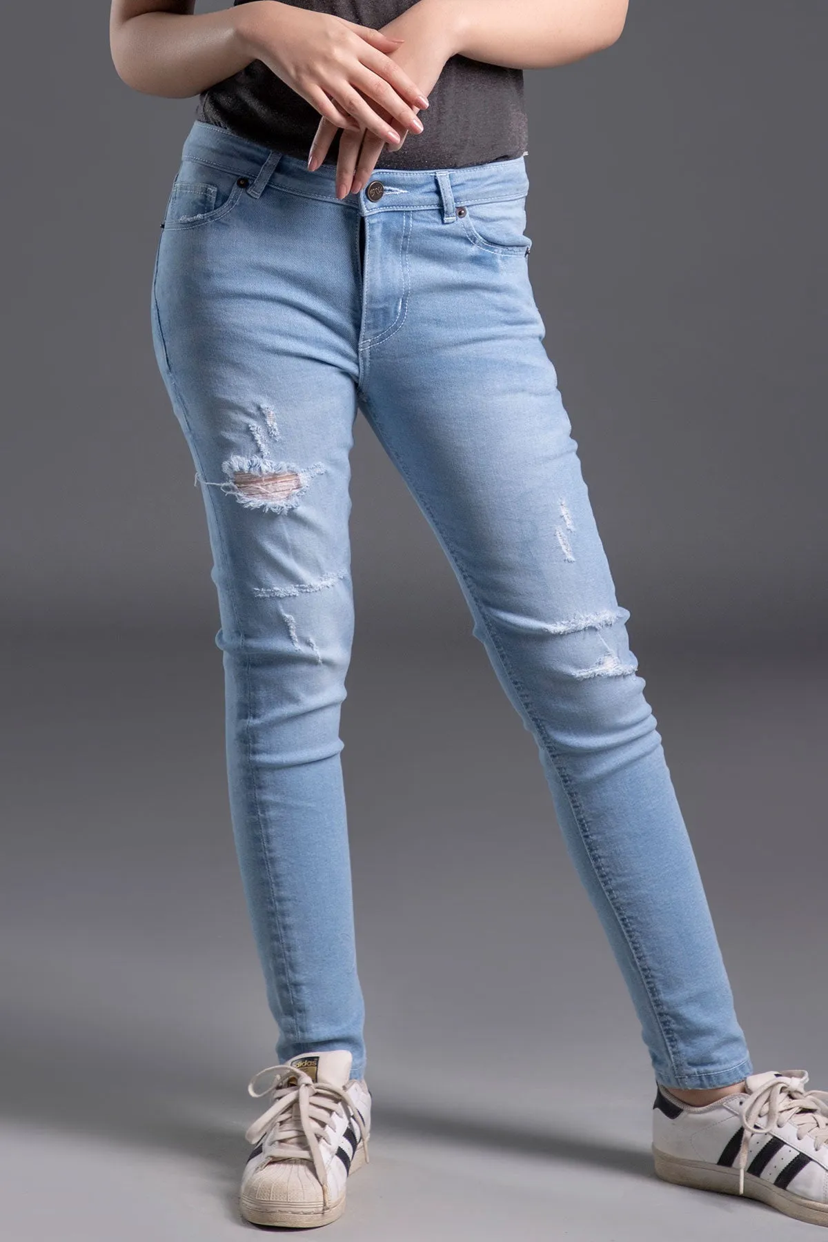 Mid Rise Stretchable Ripped Jeans (Ice Blue)