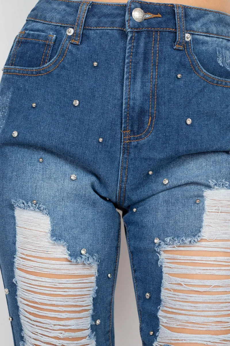 Rhinestones Ripped Denim Jeans