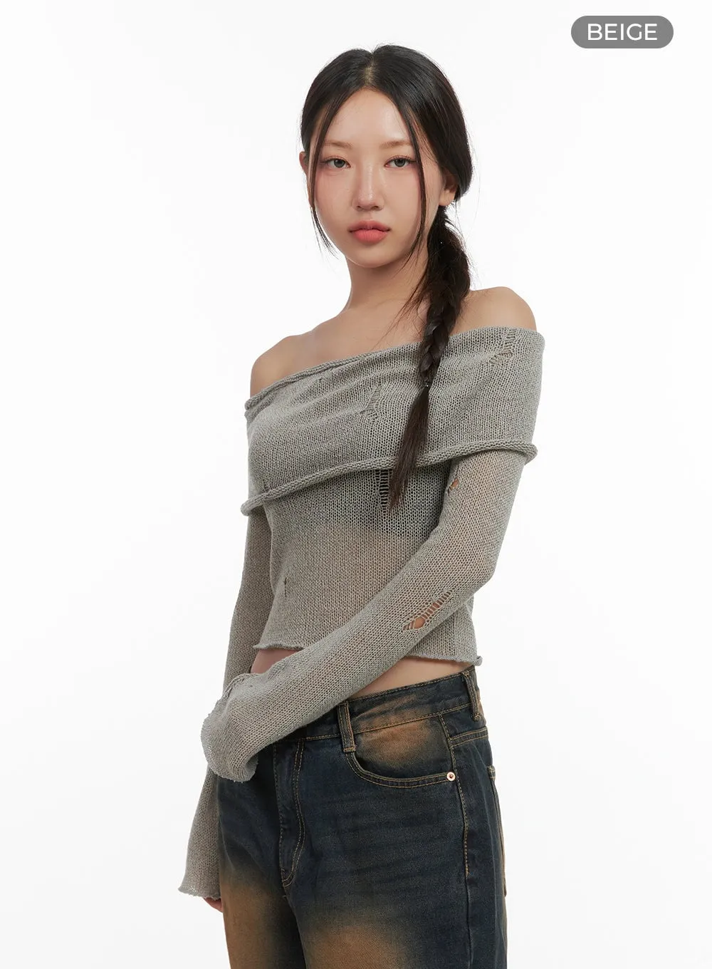 Ripped Mesh Off-Shoulder Cropped Top CO404