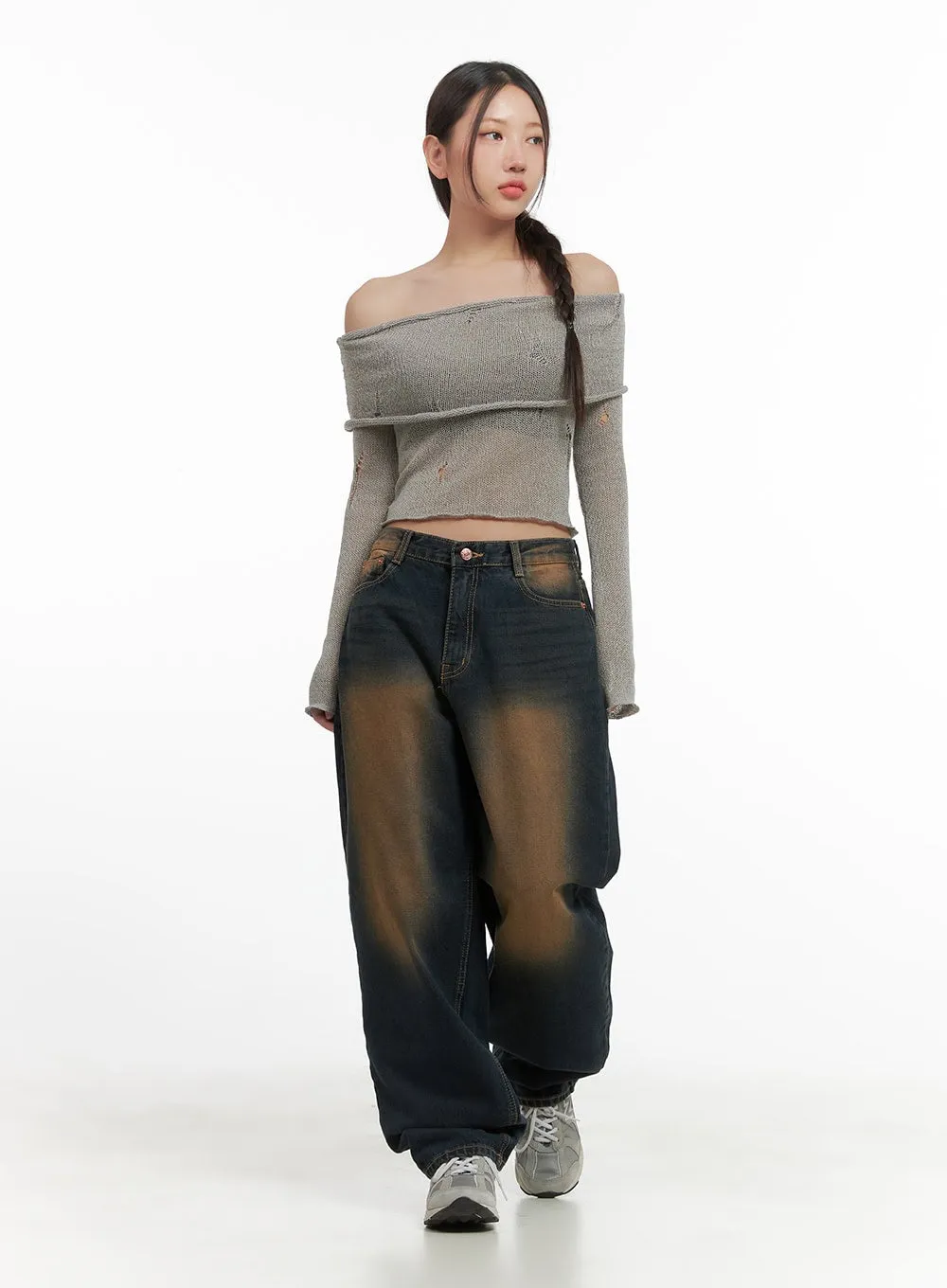 Ripped Mesh Off-Shoulder Cropped Top CO404