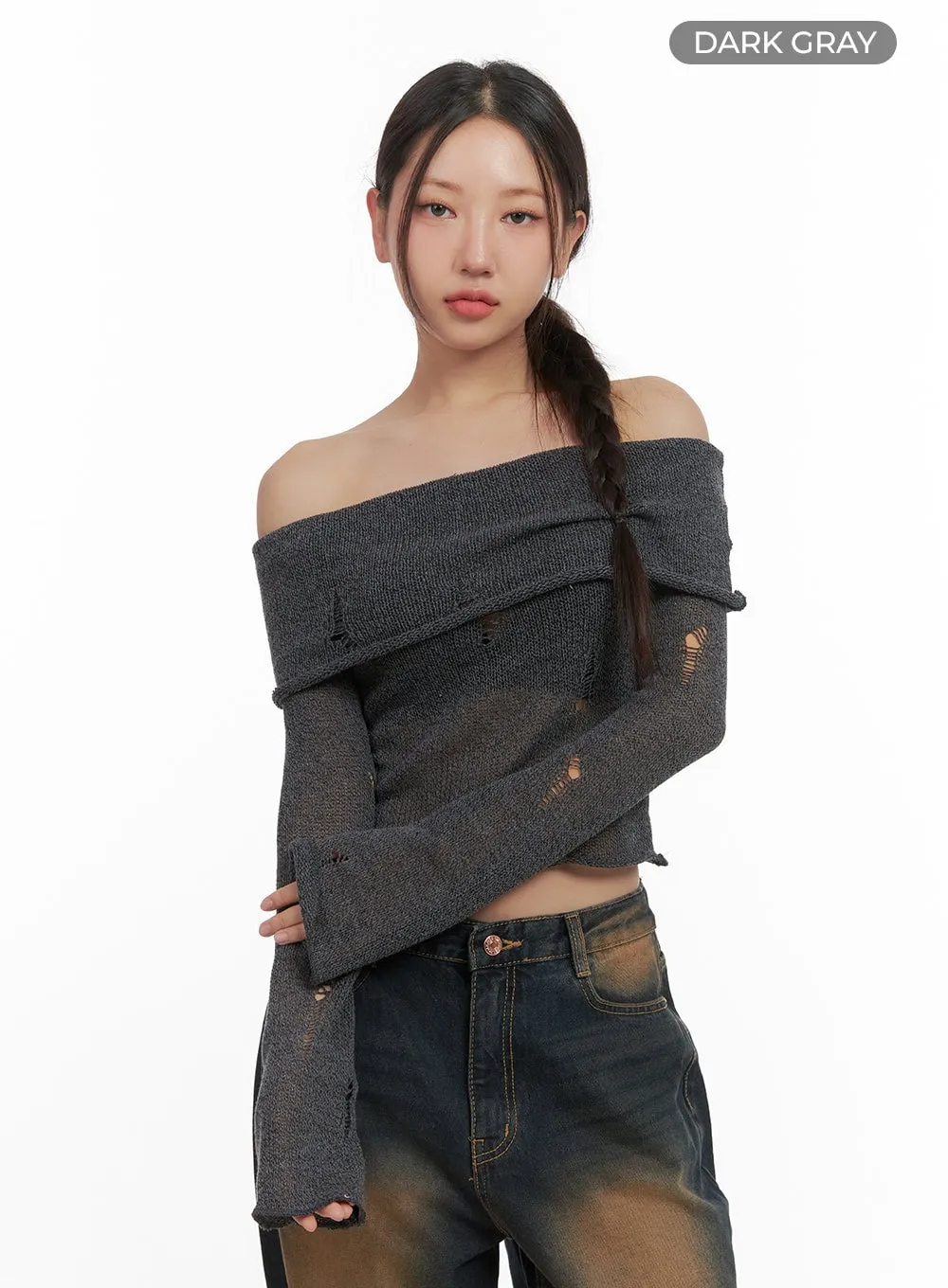 Ripped Mesh Off-Shoulder Cropped Top CO404