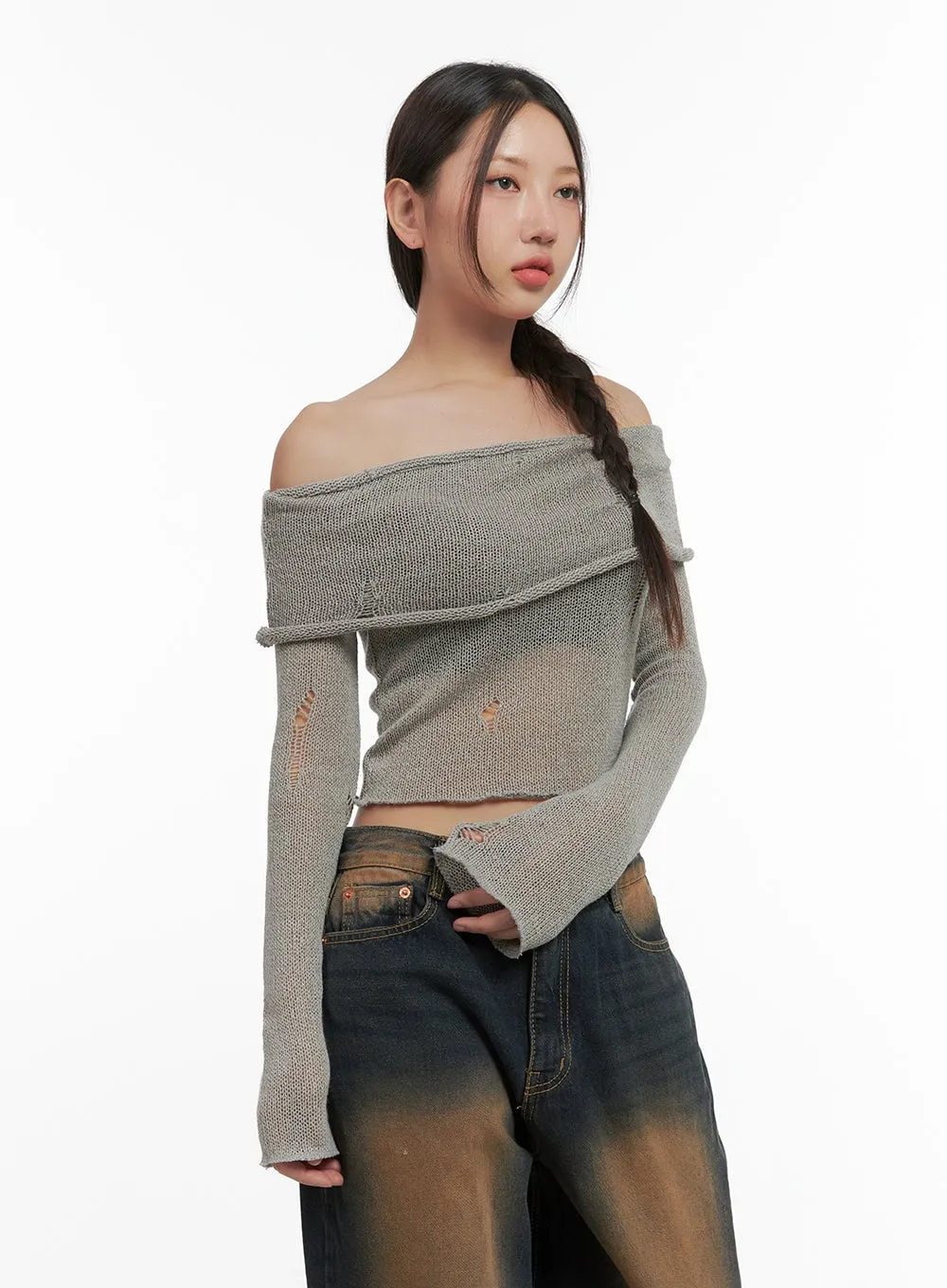 Ripped Mesh Off-Shoulder Cropped Top CO404
