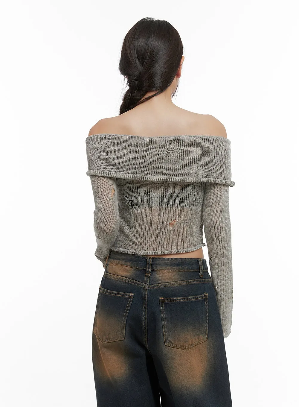 Ripped Mesh Off-Shoulder Cropped Top CO404