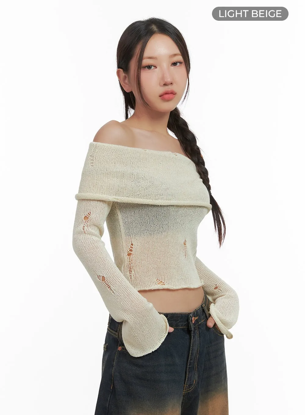 Ripped Mesh Off-Shoulder Cropped Top CO404