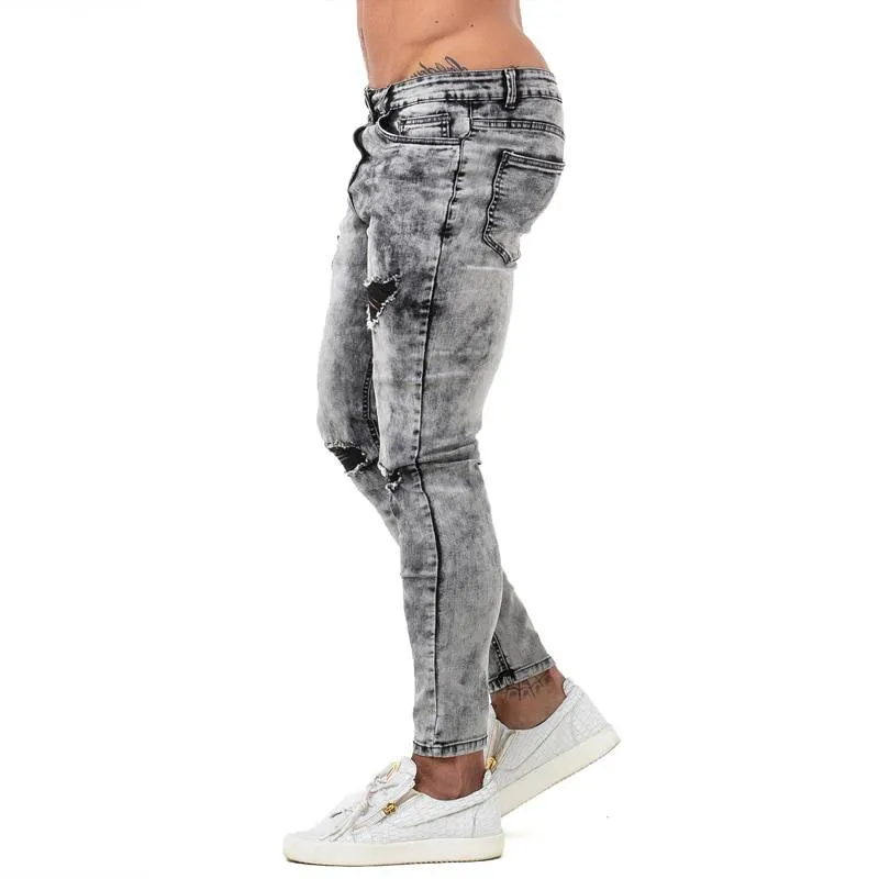 White Grey Denim Ripped Stretchy Style Men Skinny Jeans