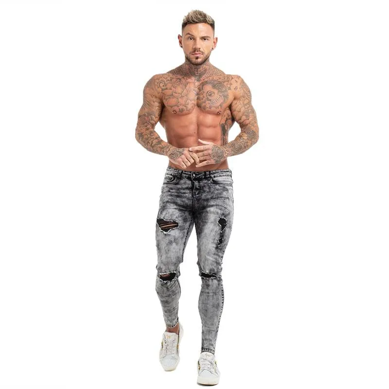 White Grey Denim Ripped Stretchy Style Men Skinny Jeans