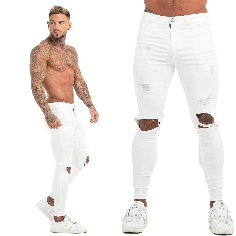 White Grey Denim Ripped Stretchy Style Men Skinny Jeans