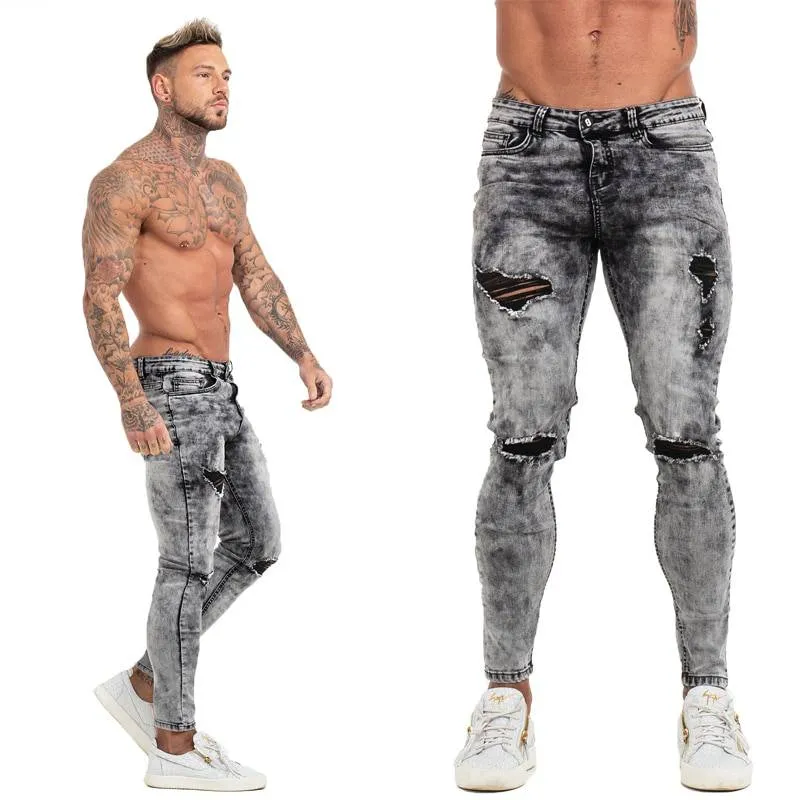 White Grey Denim Ripped Stretchy Style Men Skinny Jeans