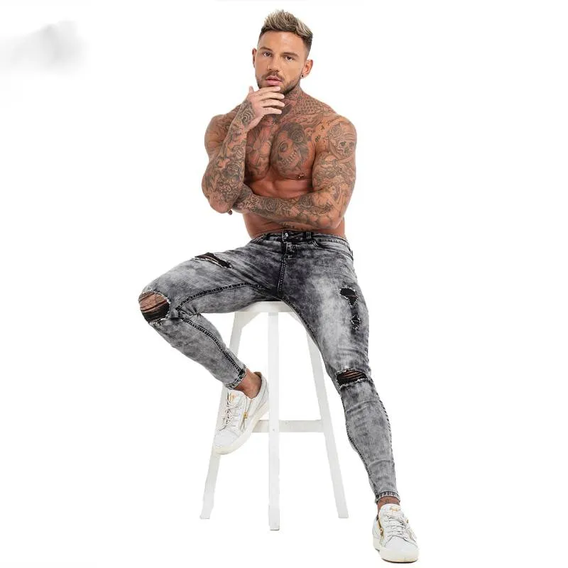 White Grey Denim Ripped Stretchy Style Men Skinny Jeans