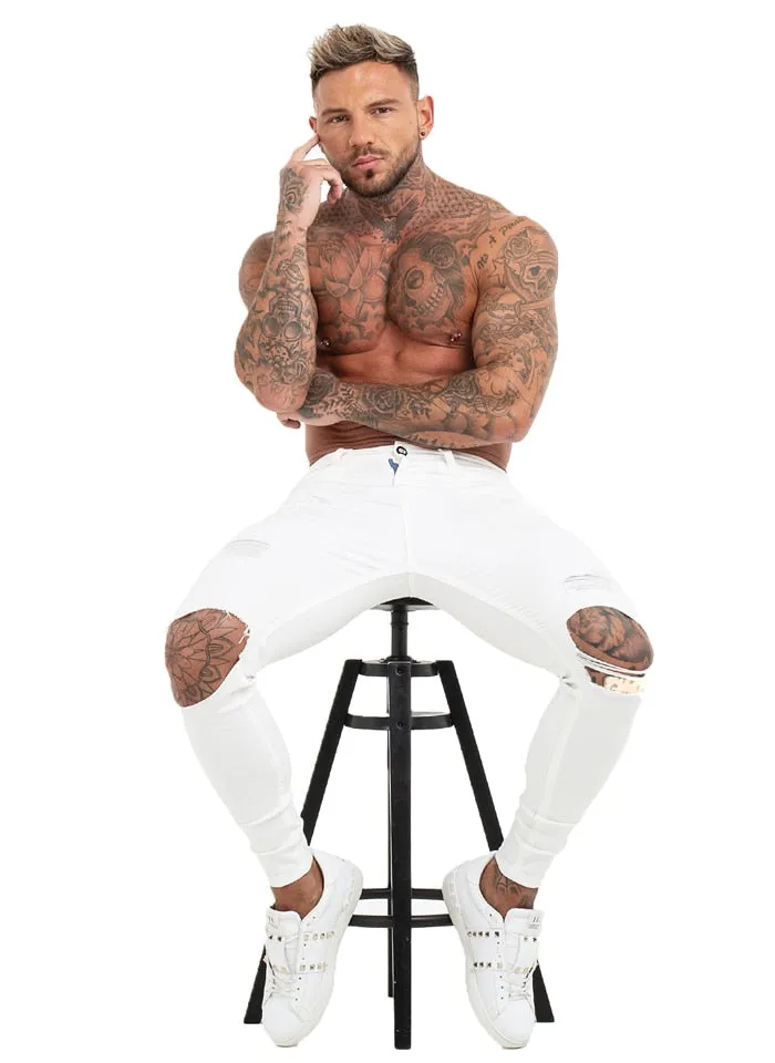 White Grey Denim Ripped Stretchy Style Men Skinny Jeans