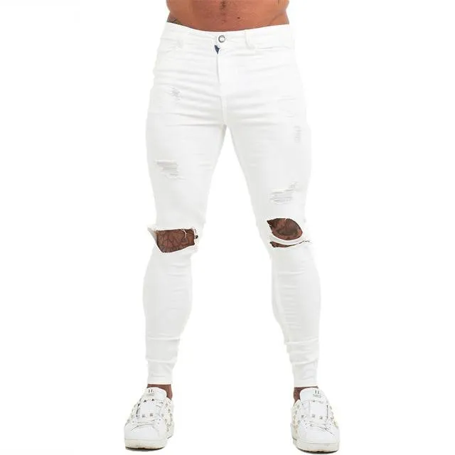 White Grey Denim Ripped Stretchy Style Men Skinny Jeans